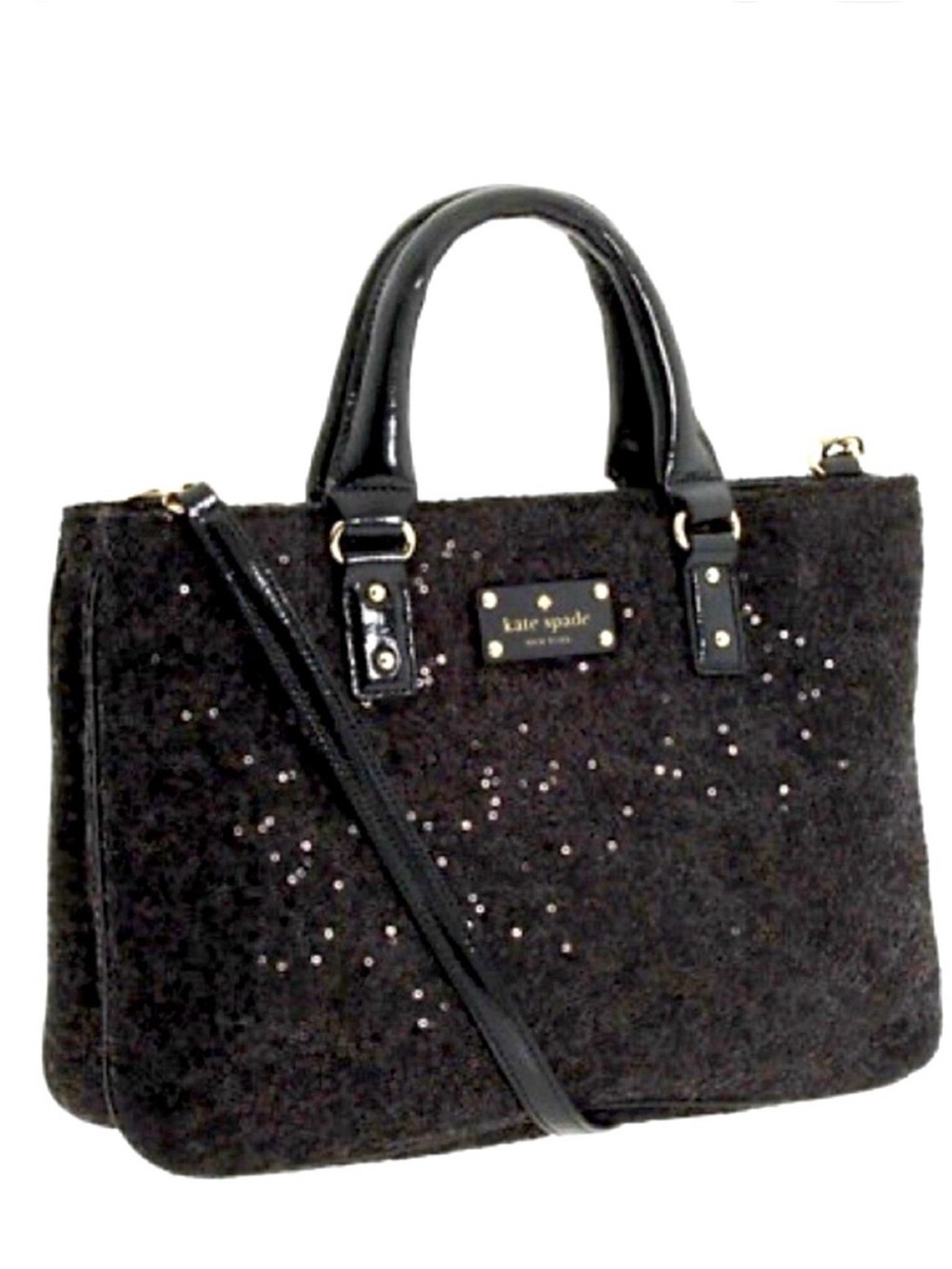 KATE SPADE ♠️ New York "Brette"🖤BLACK🖤FELT FLURRY PATENT SEQUIN BAG 🌟NWOT🌟